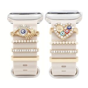 🆕 2 Sets Evil Eye & Heart Shiny Rhinestone Watchband Ring Loops